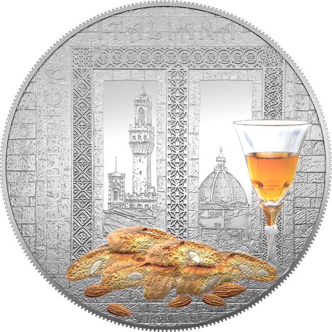 I cantucci e il Vinsanto diventano una moneta da collezione della Repubblica Italiana. Nel retro il paesaggio toscano